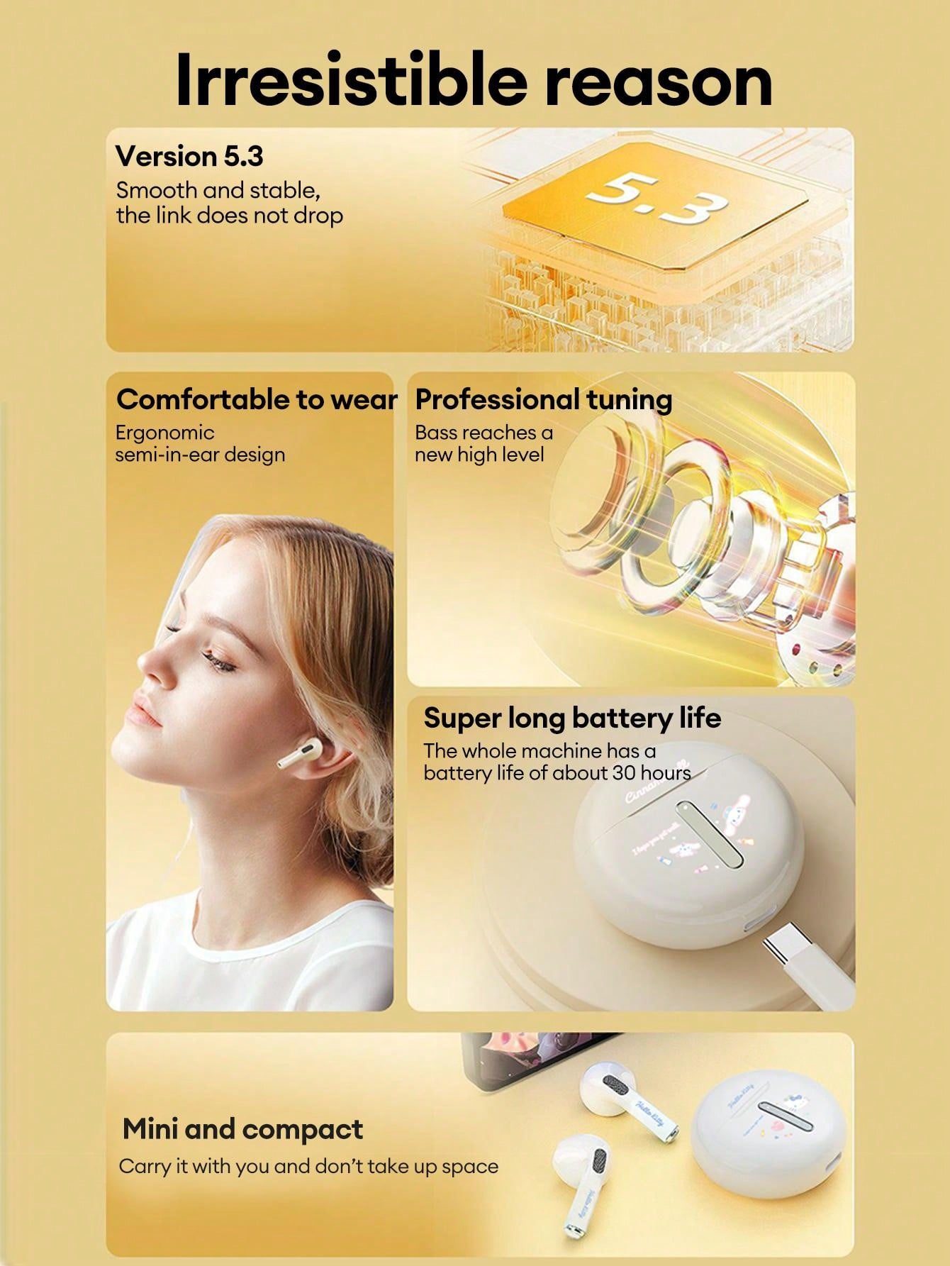 Bluetooth 5.3 Half In-Ear Headphones ENC Noise Cancellation 13mm Driver IPX5 Sweatproof 30H Battery Low Latency Gaming