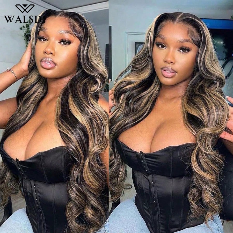 Women's 26-Inch Body Wave Synthetic Lace Front Wig Black with Highlights Middle Part Pre-Plucked with Baby Hair