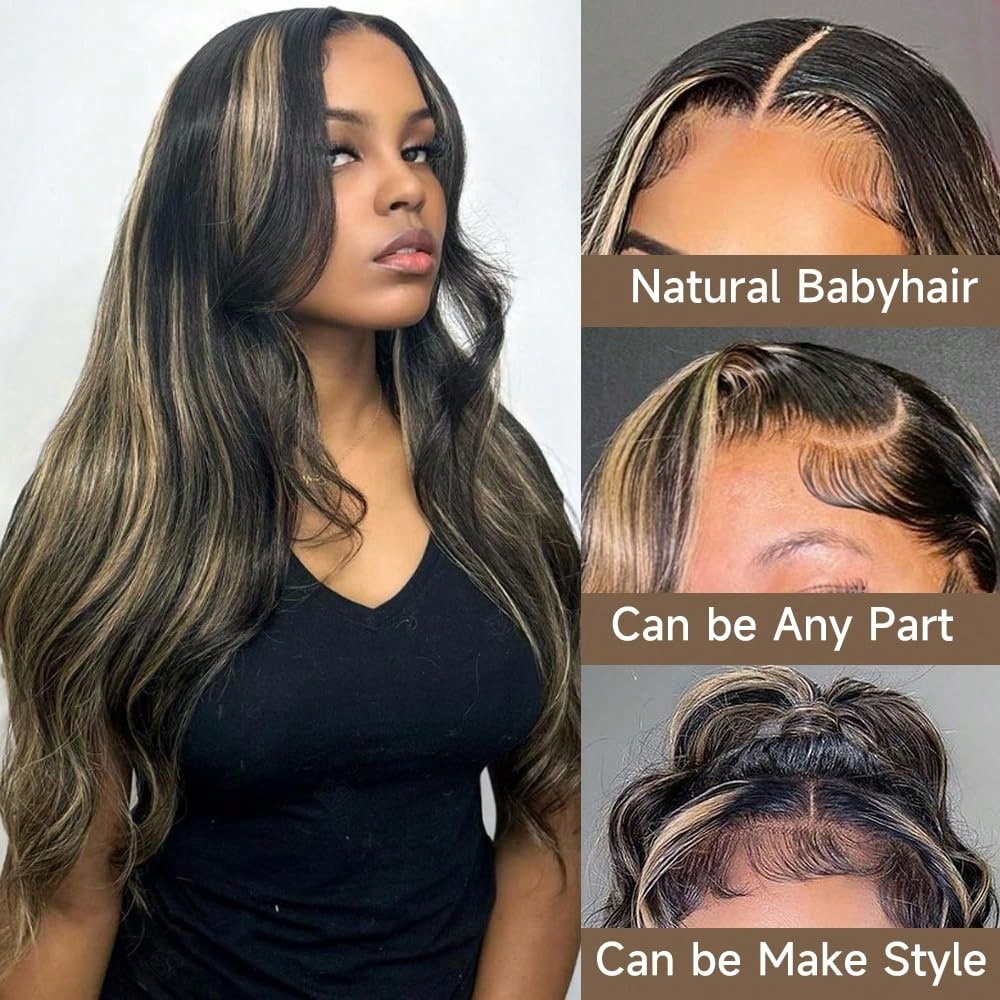 Women's 26-Inch Body Wave Synthetic Lace Front Wig Black with Highlights Middle Part Pre-Plucked with Baby Hair