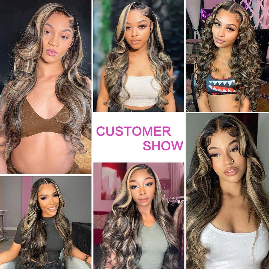 Women's 26-Inch Body Wave Synthetic Lace Front Wig Black with Highlights Middle Part Pre-Plucked with Baby Hair