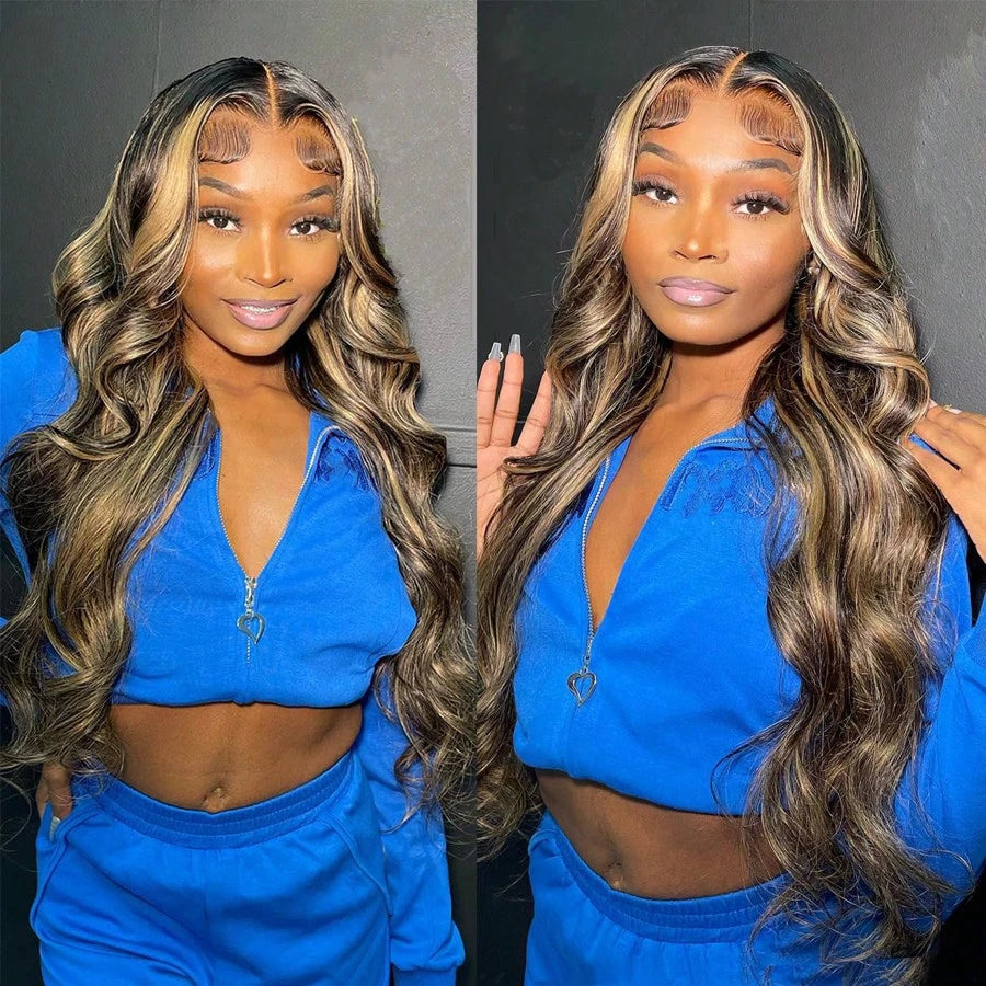 Women's 26-Inch Body Wave Synthetic Lace Front Wig Black with Highlights Middle Part Pre-Plucked with Baby Hair