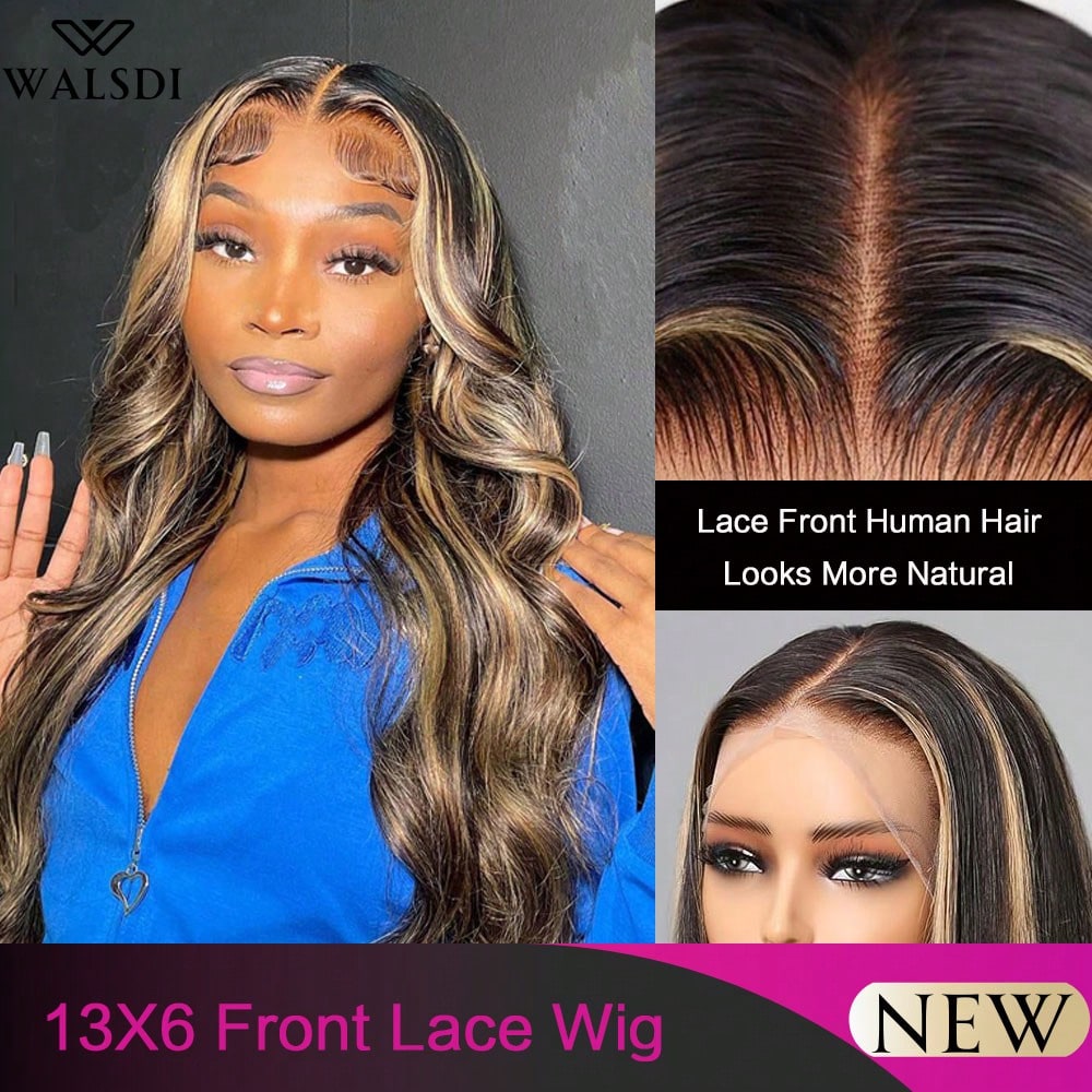 Women's 26-Inch Body Wave Synthetic Lace Front Wig Black with Highlights Middle Part Pre-Plucked with Baby Hair