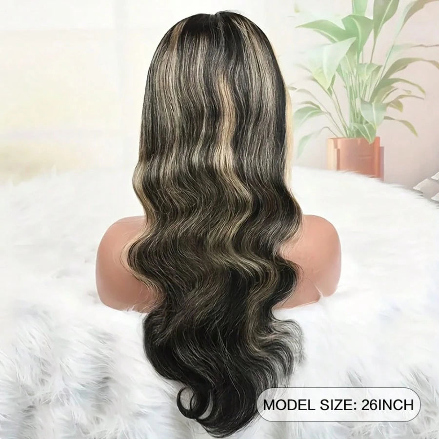 Women's 26-Inch Body Wave Synthetic Lace Front Wig Black with Highlights Middle Part Pre-Plucked with Baby Hair