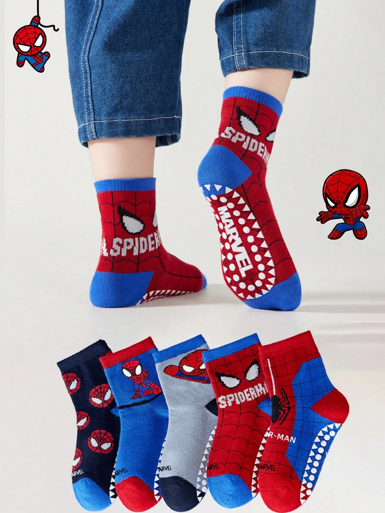 Children's 5-Pair Spider-Man Themed Socks Set Non-Slip Breathable