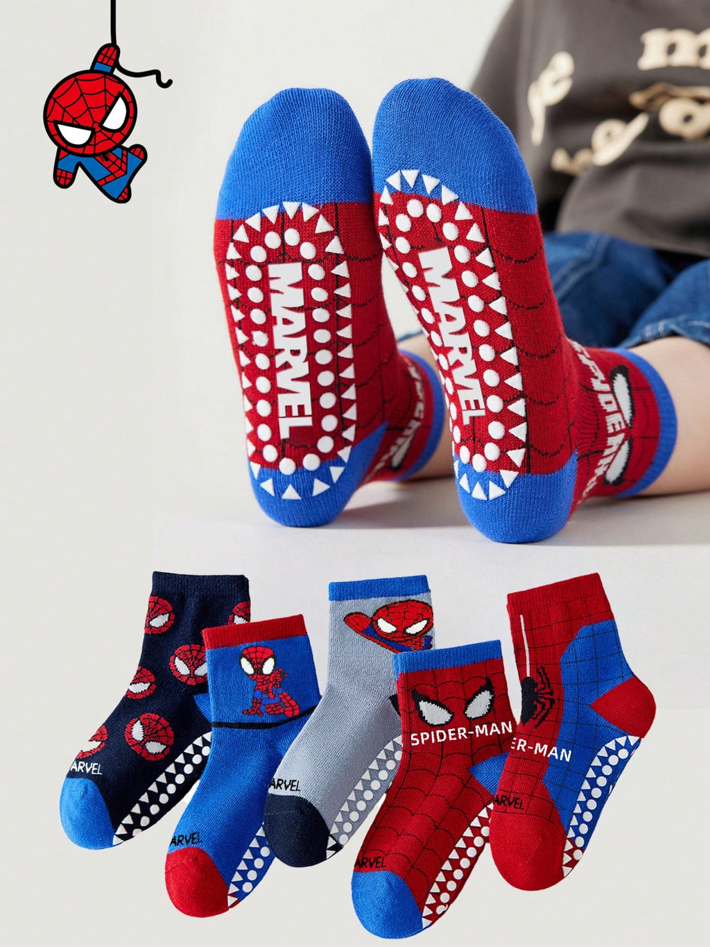 Children's 5-Pair Spider-Man Themed Socks Set Non-Slip Breathable