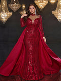 Plus Size Burgundy Sequin Mermaid Maxi Dress with Train