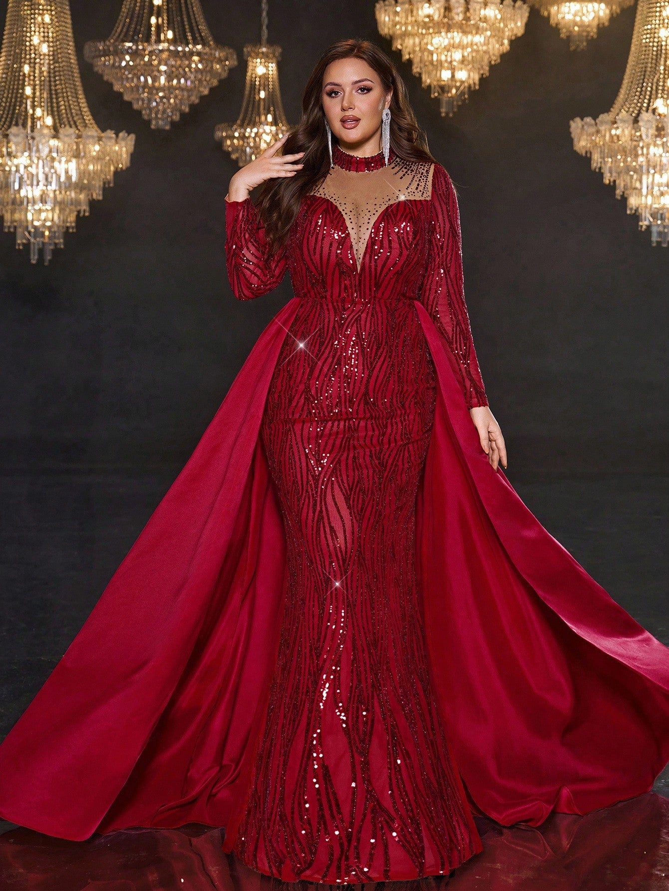 Plus Size Burgundy Sequin Mermaid Maxi Dress with Train