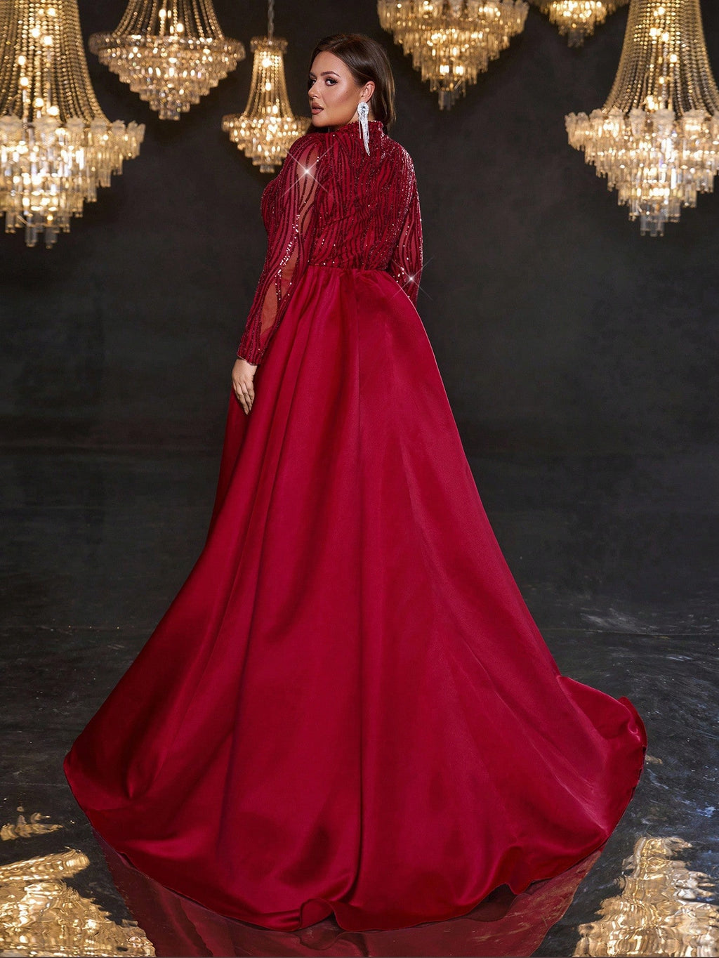 Plus Size Burgundy Sequin Mermaid Maxi Dress with Train
