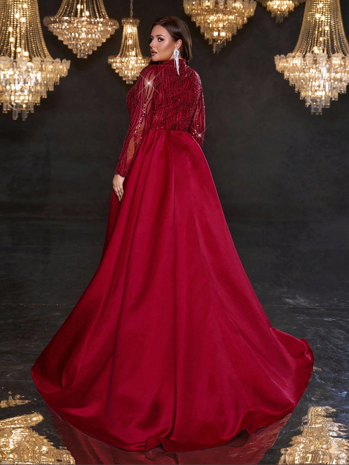Plus Size Burgundy Sequin Mermaid Maxi Dress with Train