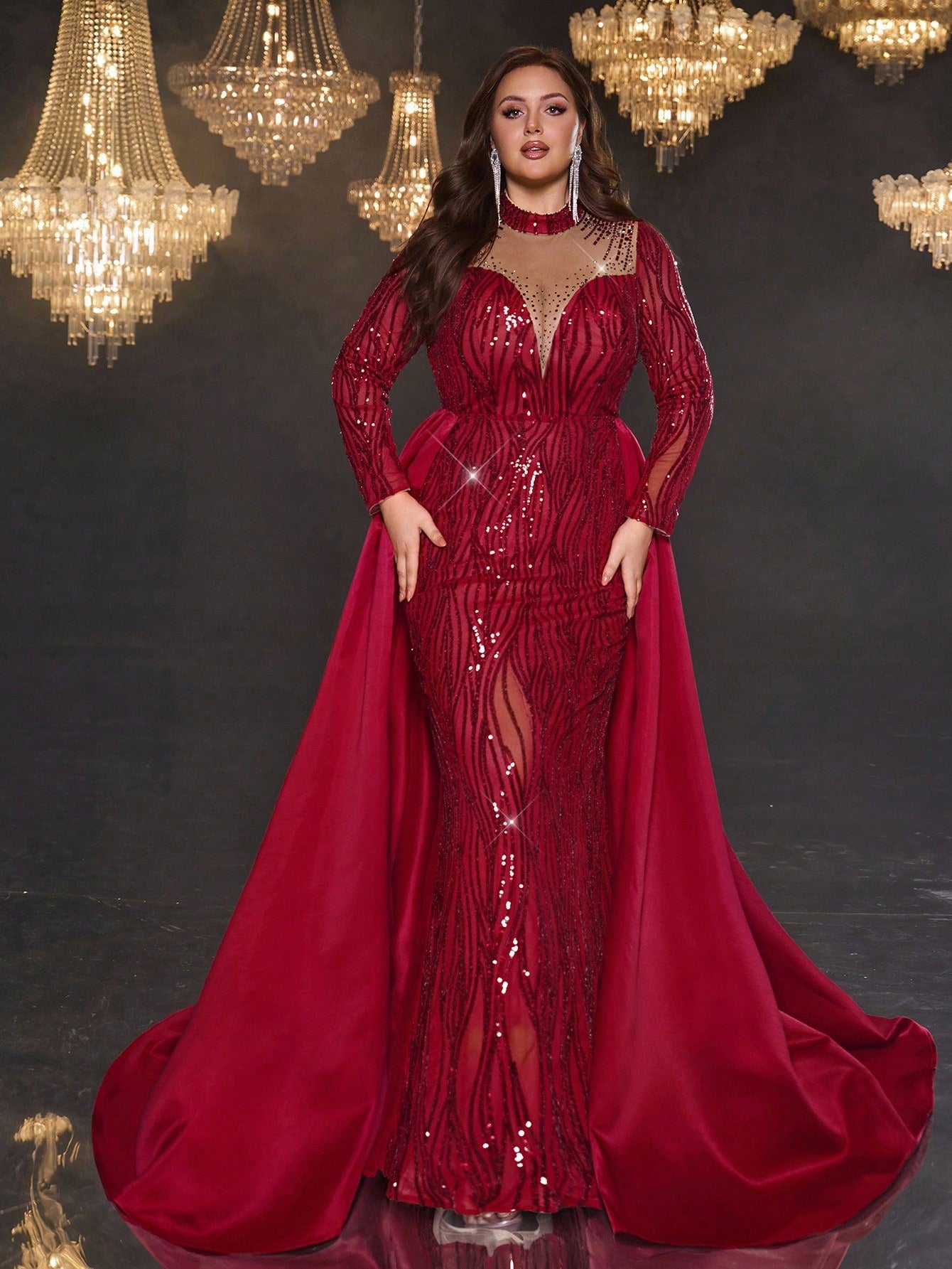 Plus Size Burgundy Sequin Mermaid Maxi Dress with Train