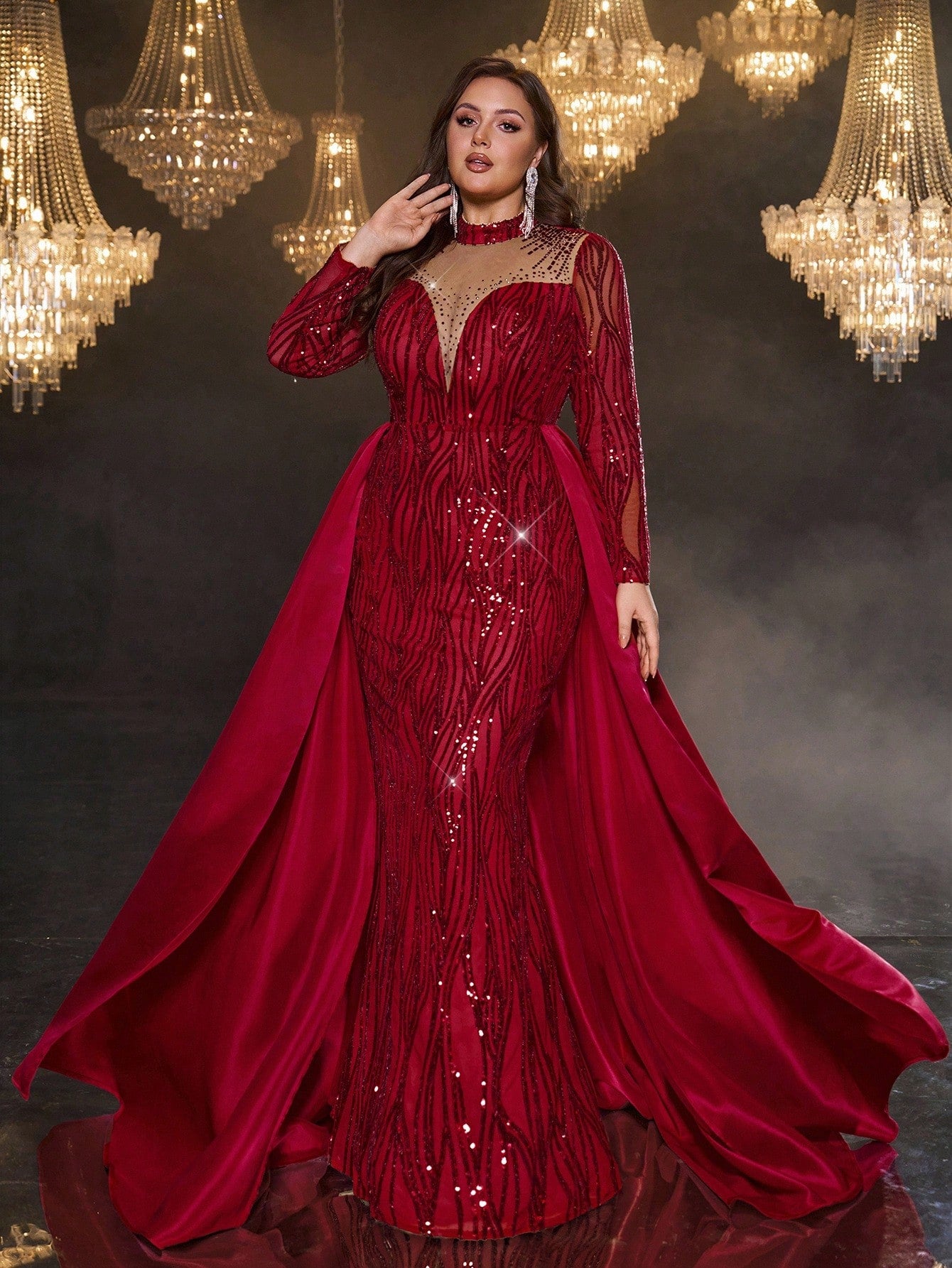 Plus Size Burgundy Sequin Mermaid Maxi Dress with Train