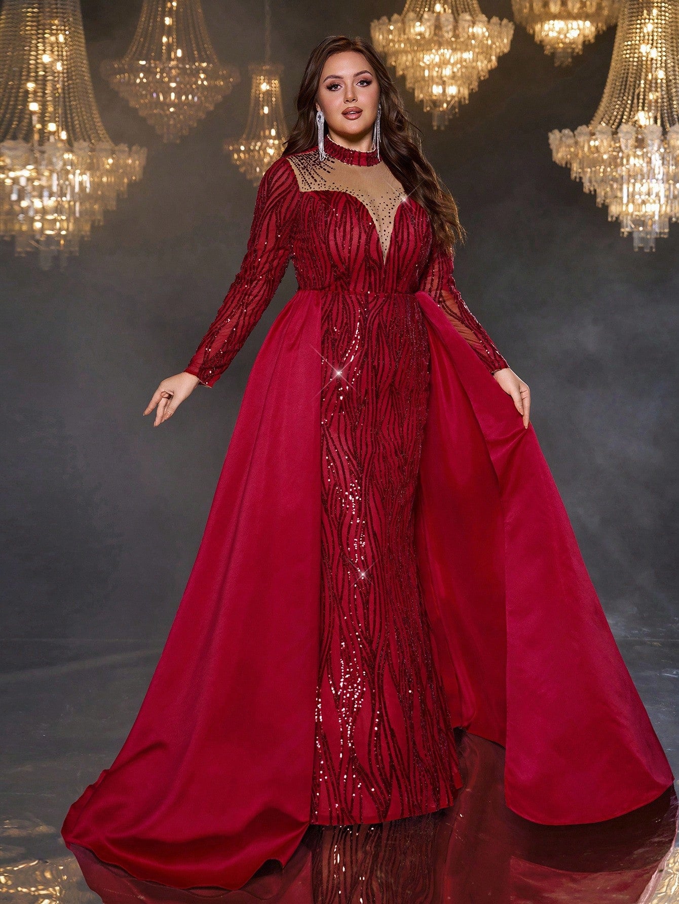 Plus Size Burgundy Sequin Mermaid Maxi Dress with Train