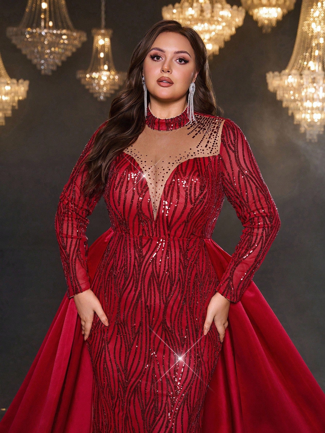 Plus Size Burgundy Sequin Mermaid Maxi Dress with Train