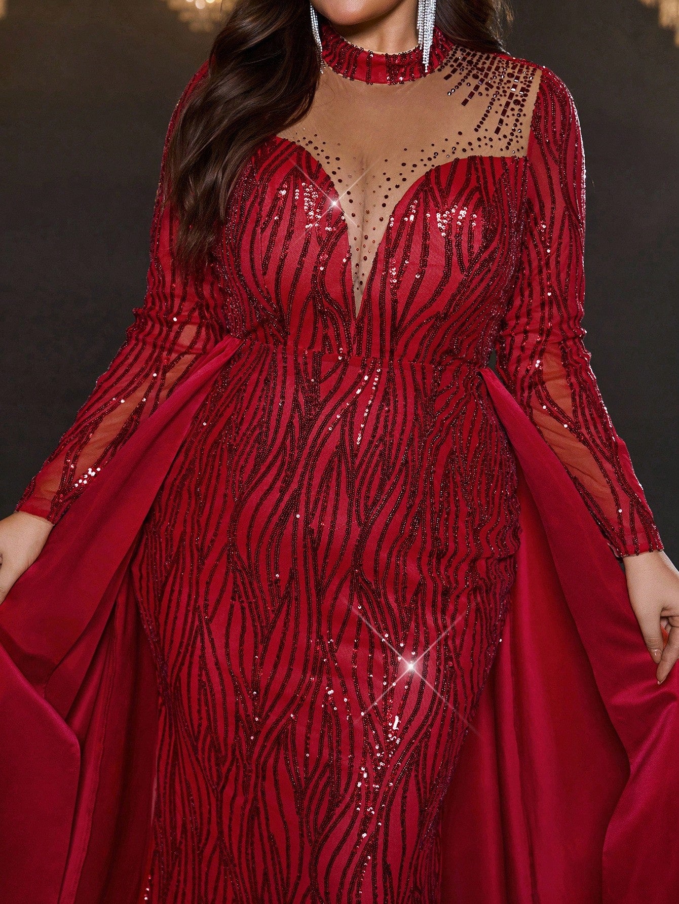 Plus Size Burgundy Sequin Mermaid Maxi Dress with Train