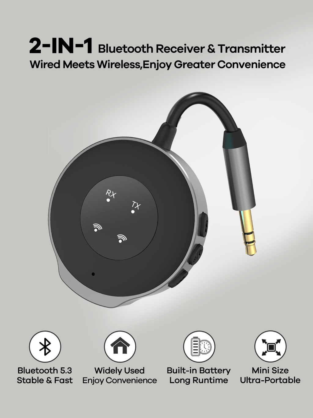 2-in-1 Bluetooth Receiver Transmitter Portable Adapter with Noise-Cancelling Microphone for Home Audio Car TV