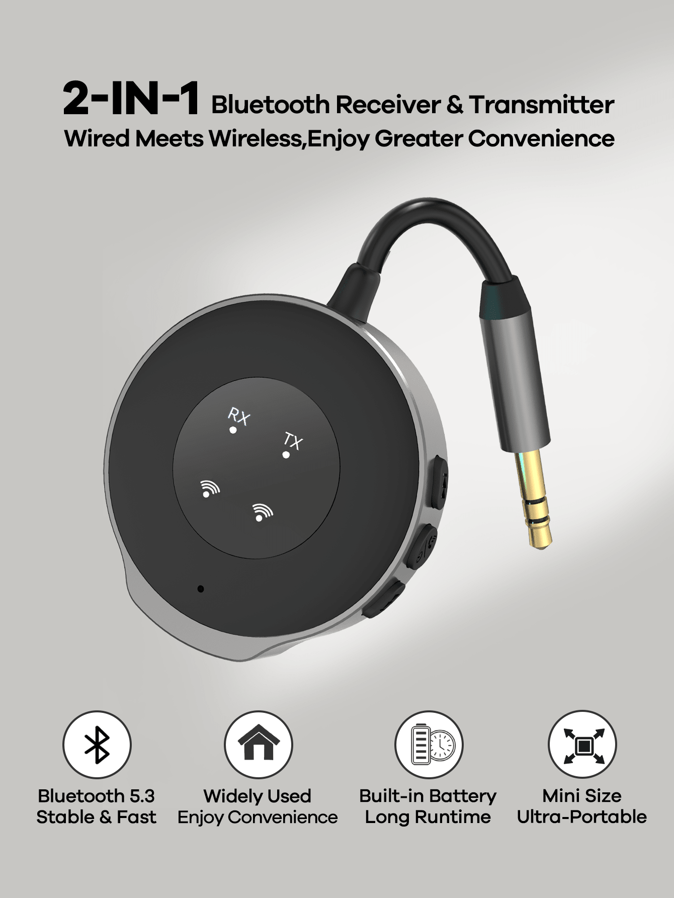 2-in-1 Bluetooth Receiver Transmitter Portable Adapter with Noise-Cancelling Microphone for Home Audio Car TV
