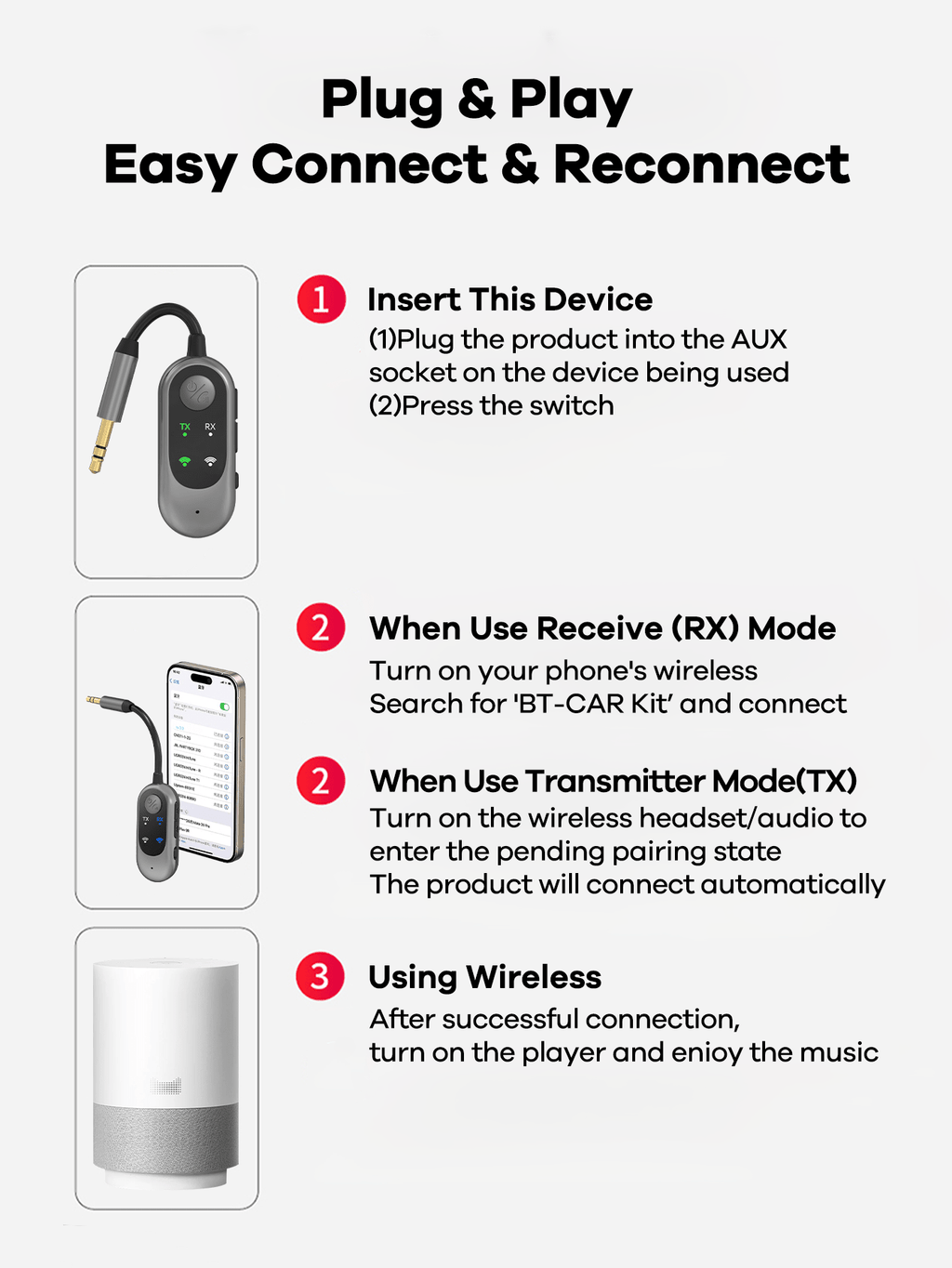 2-in-1 Bluetooth Receiver Transmitter Portable Adapter with Noise-Cancelling Microphone for Home Audio Car TV