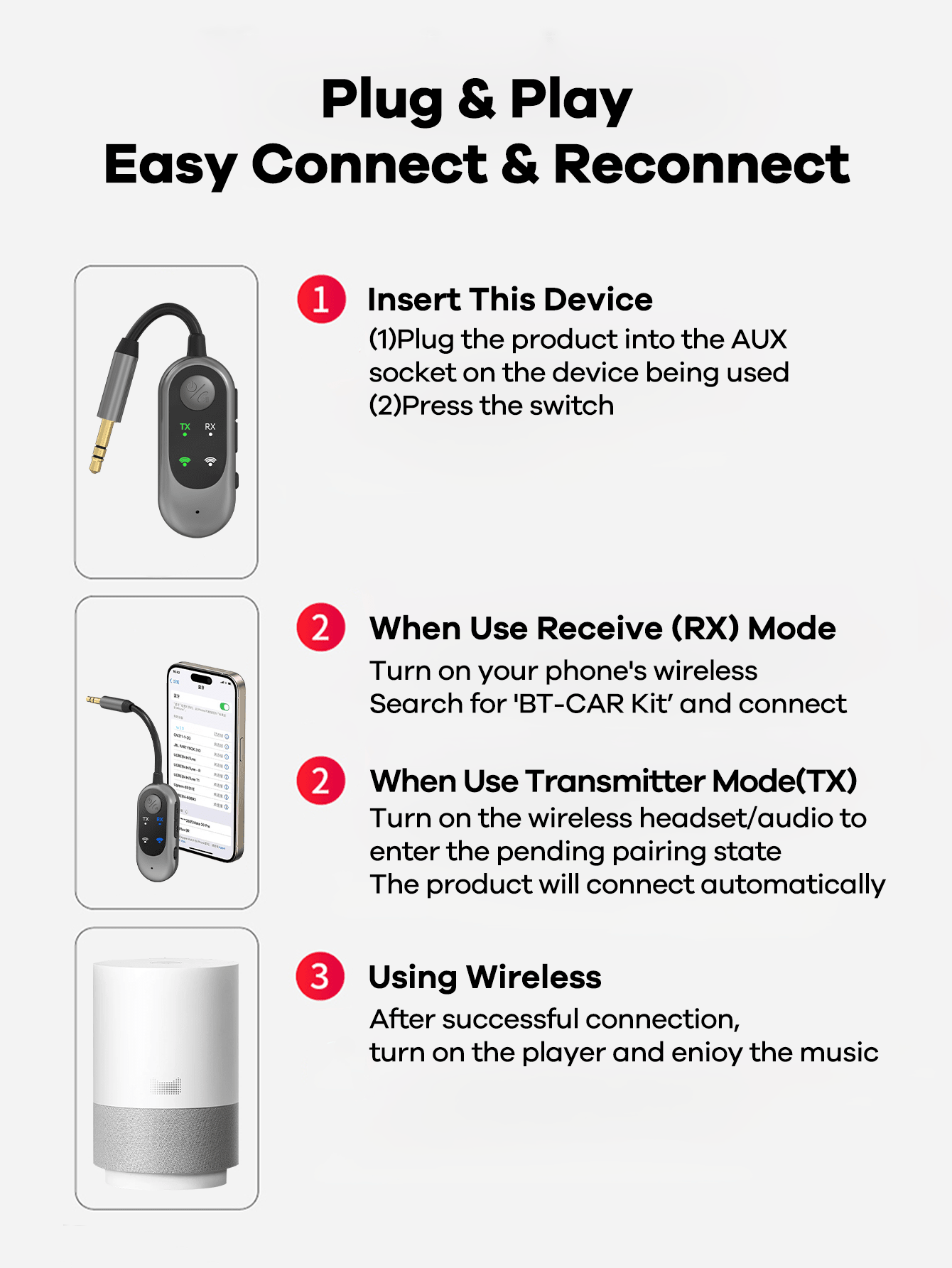2-in-1 Bluetooth Receiver Transmitter Portable Adapter with Noise-Cancelling Microphone for Home Audio Car TV