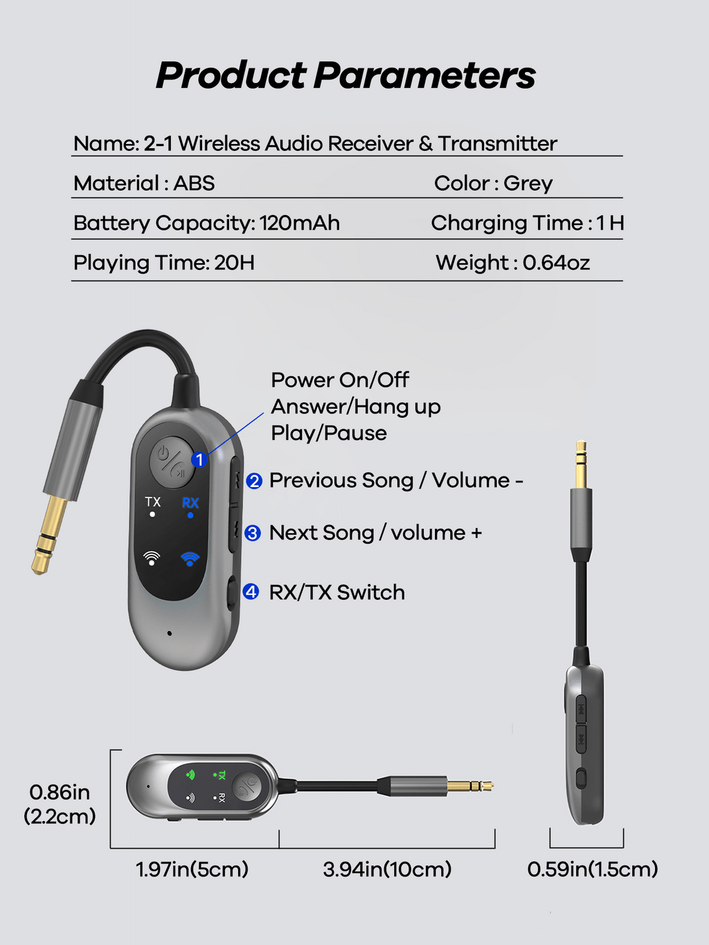 2-in-1 Bluetooth Receiver Transmitter Portable Adapter with Noise-Cancelling Microphone for Home Audio Car TV