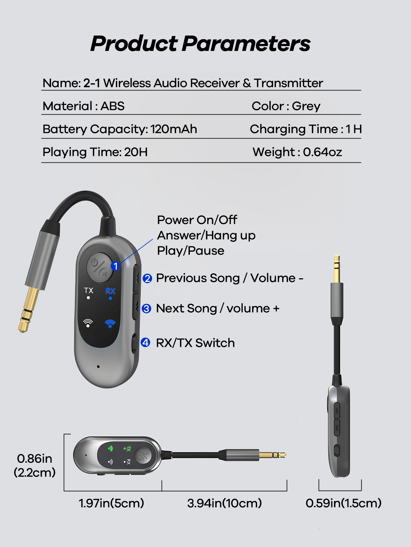 2-in-1 Bluetooth Receiver Transmitter Portable Adapter with Noise-Cancelling Microphone for Home Audio Car TV
