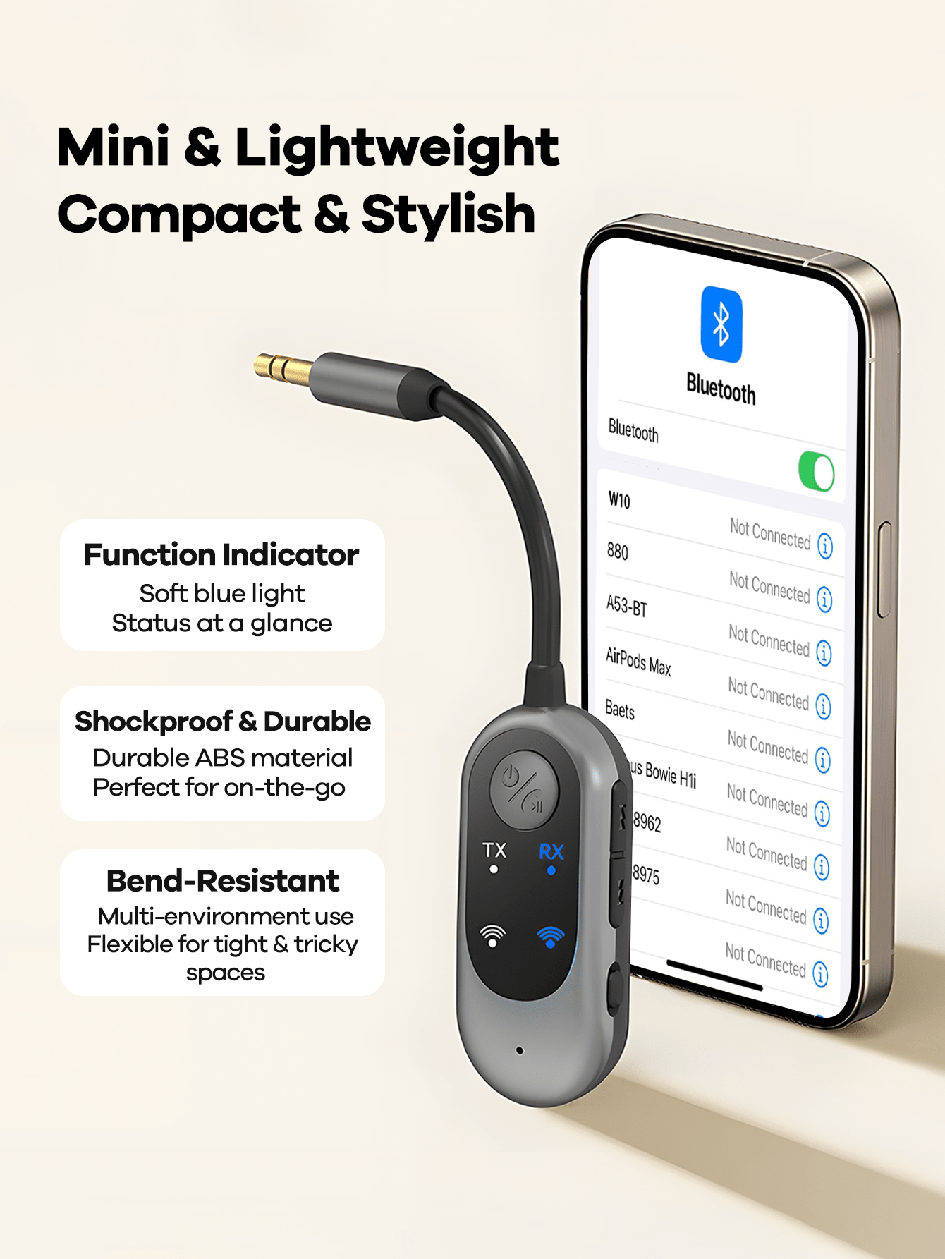 2-in-1 Bluetooth Receiver Transmitter Portable Adapter with Noise-Cancelling Microphone for Home Audio Car TV