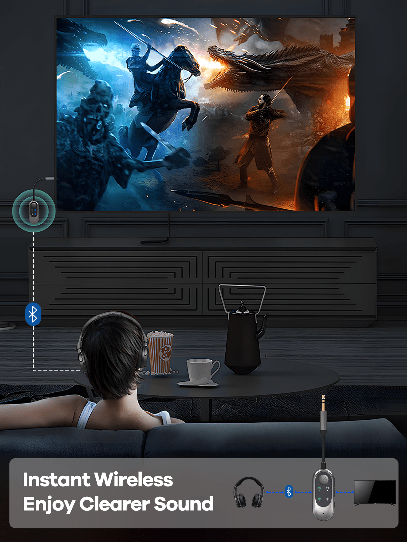 2-in-1 Bluetooth Receiver Transmitter Portable Adapter with Noise-Cancelling Microphone for Home Audio Car TV