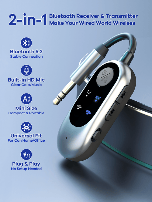 2-in-1 Bluetooth Receiver Transmitter Portable Adapter with Noise-Cancelling Microphone for Home Audio Car TV