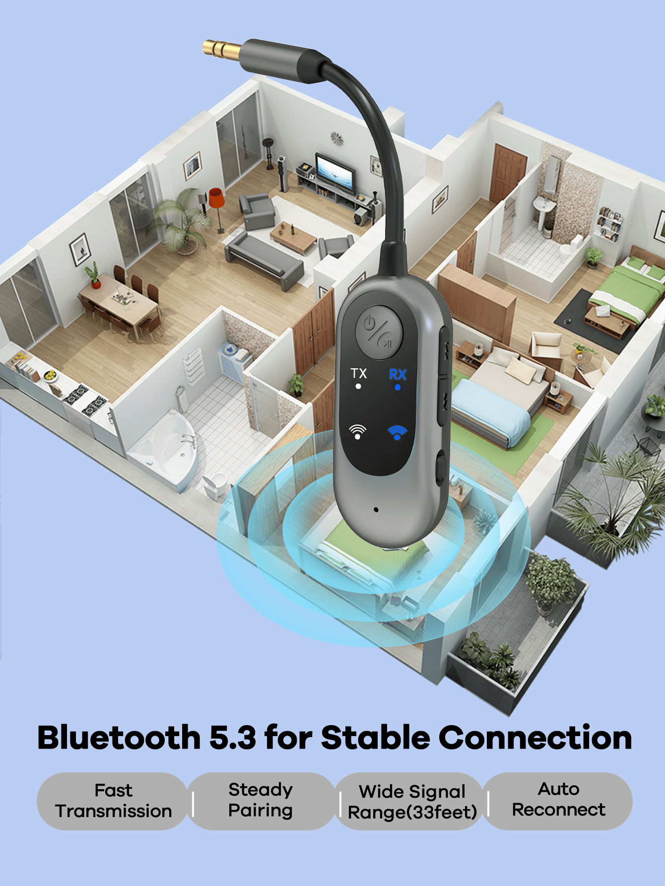 2-in-1 Bluetooth Receiver Transmitter Portable Adapter with Noise-Cancelling Microphone for Home Audio Car TV