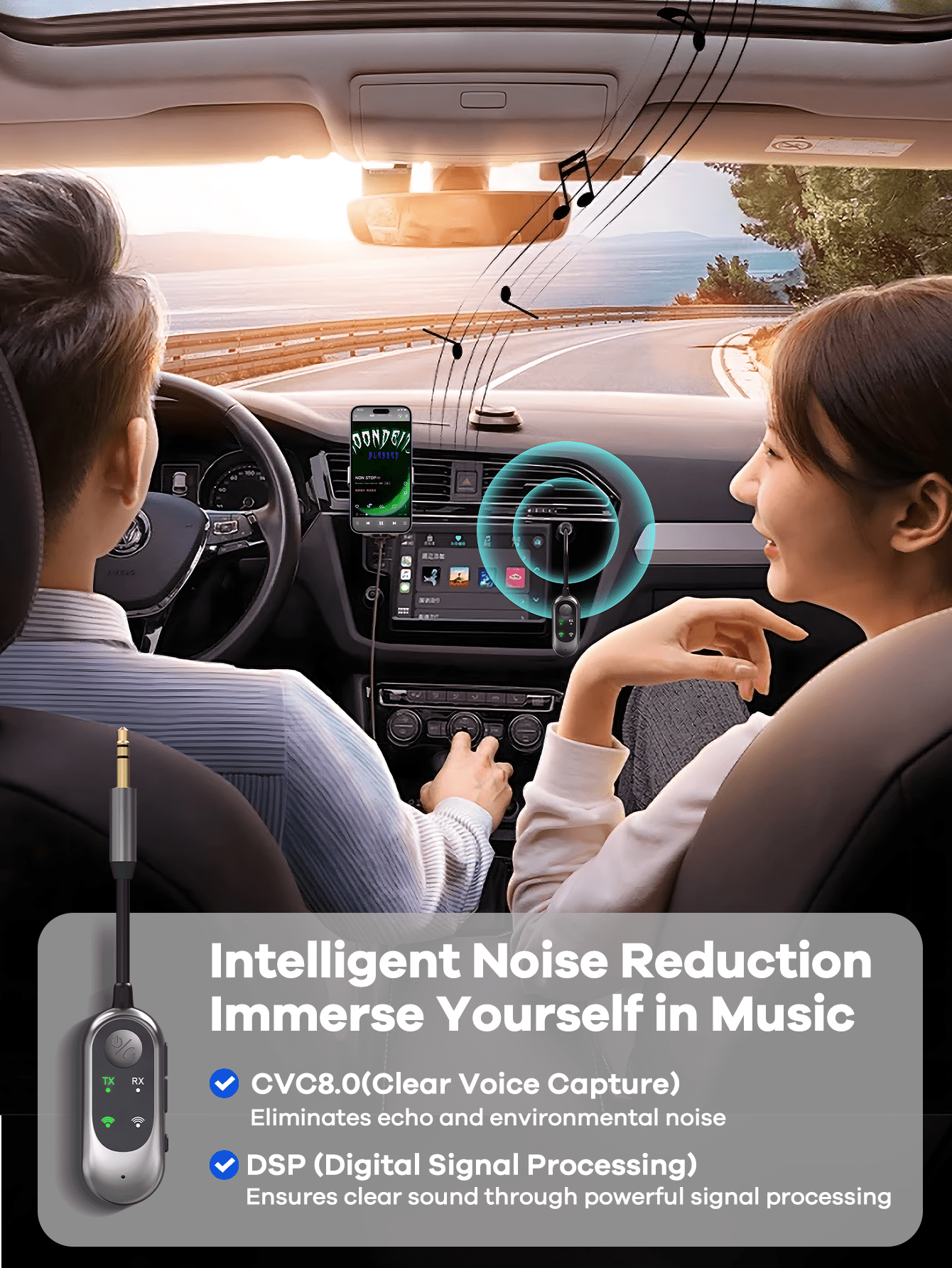2-in-1 Bluetooth Receiver Transmitter Portable Adapter with Noise-Cancelling Microphone for Home Audio Car TV