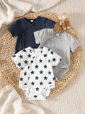 Baby Boy Short Sleeve Round Neck Bodysuit Set of 3 Soft Breathable Star & Bear Print