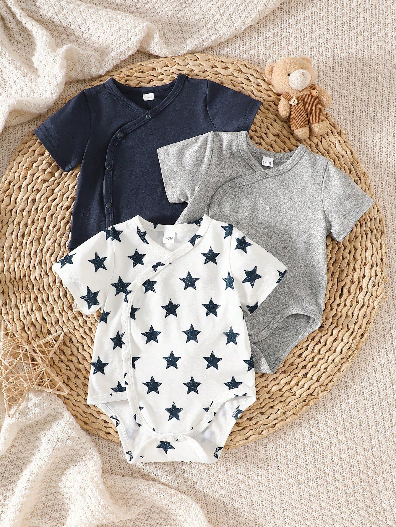 Baby Boy Short Sleeve Round Neck Bodysuit Set of 3 Soft Breathable Star & Bear Print
