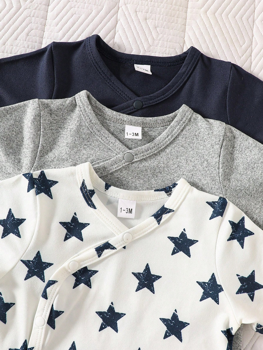 Baby Boy Short Sleeve Round Neck Bodysuit Set of 3 Soft Breathable Star & Bear Print
