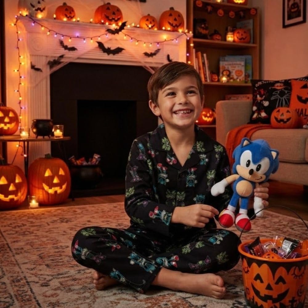Komar Kids Boys Sonic The Hedgehog Halloween 2 Piece Pajama Set Spooky Sonic & Shadow Notch Long Sleeve Button