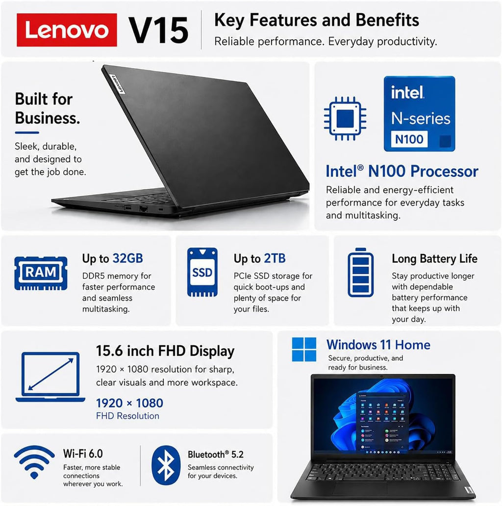 Lenovo V15 G6 15.6" Business Laptop 2026 Intel N100 8GB DDR5 256GB SSD Windows 11