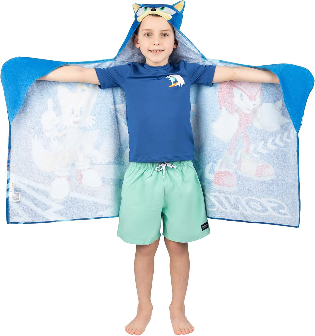 Franco Kids Sonic The Hedgehog Hooded Towel Wrap 127 x 61 cm Cotton Terry Bath Pool Beach Poncho