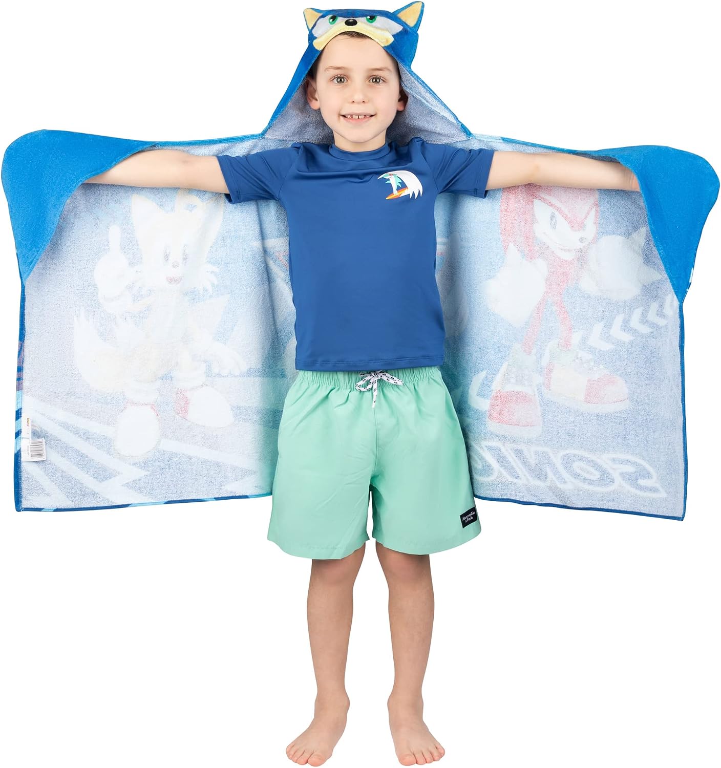 Franco Kids Sonic The Hedgehog Hooded Towel Wrap 127 x 61 cm Cotton Terry Bath Pool Beach Poncho
