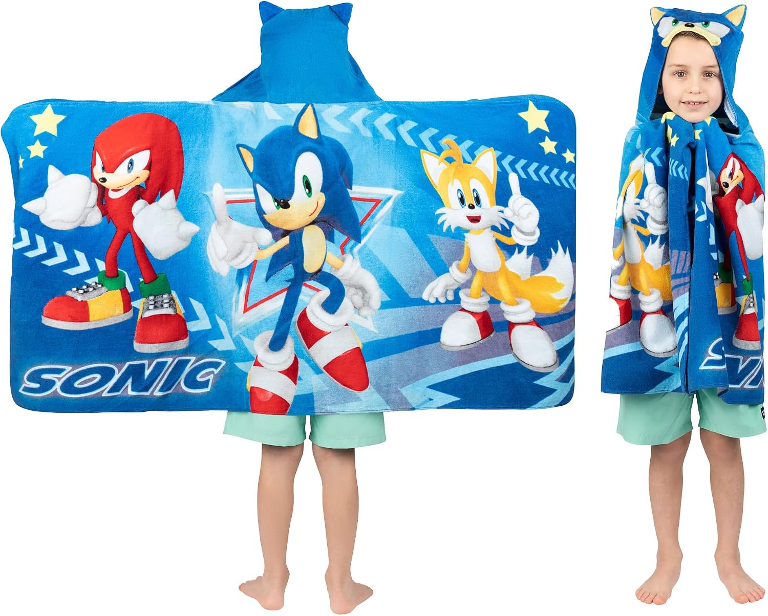 Franco Kids Sonic The Hedgehog Hooded Towel Wrap 127 x 61 cm Cotton Terry Bath Pool Beach Poncho