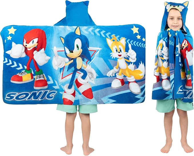 Franco Kids Sonic The Hedgehog Hooded Towel Wrap 127 x 61 cm Cotton Terry Bath Pool Beach Poncho