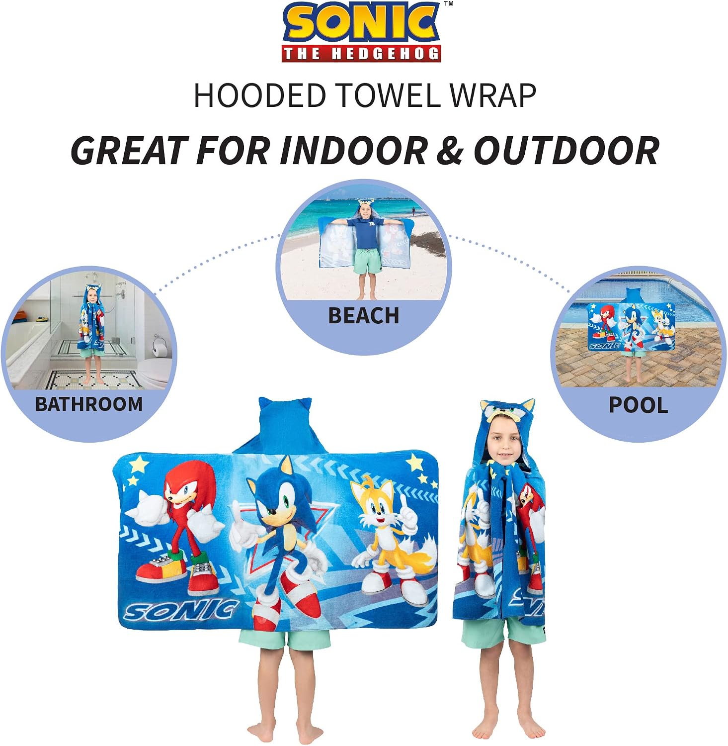 Franco Kids Sonic The Hedgehog Hooded Towel Wrap 127 x 61 cm Cotton Terry Bath Pool Beach Poncho