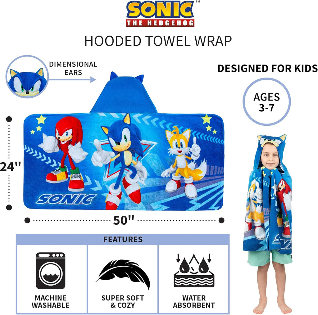 Franco Kids Sonic The Hedgehog Hooded Towel Wrap 127 x 61 cm Cotton Terry Bath Pool Beach Poncho