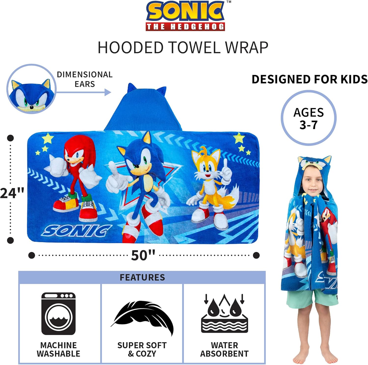 Franco Kids Sonic The Hedgehog Hooded Towel Wrap 127 x 61 cm Cotton Terry Bath Pool Beach Poncho