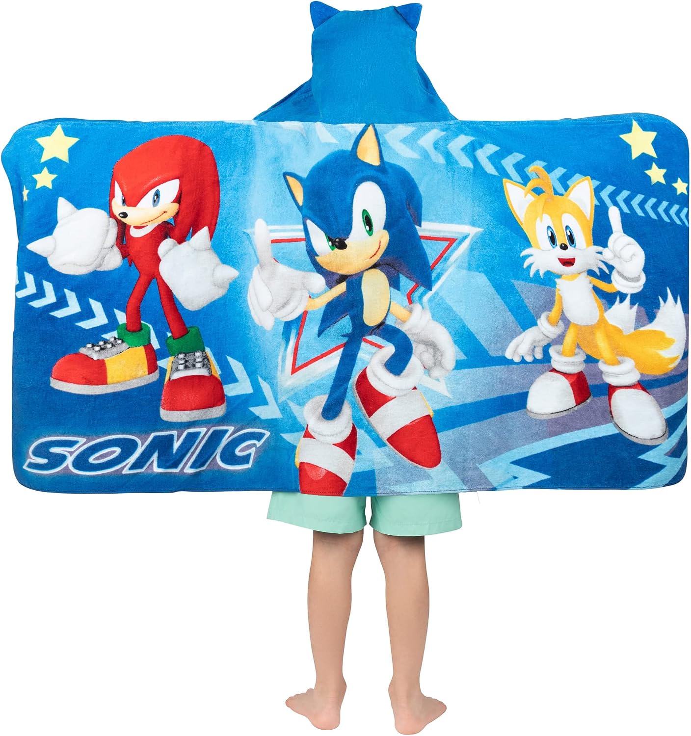 Franco Kids Sonic The Hedgehog Hooded Towel Wrap 127 x 61 cm Cotton Terry Bath Pool Beach Poncho