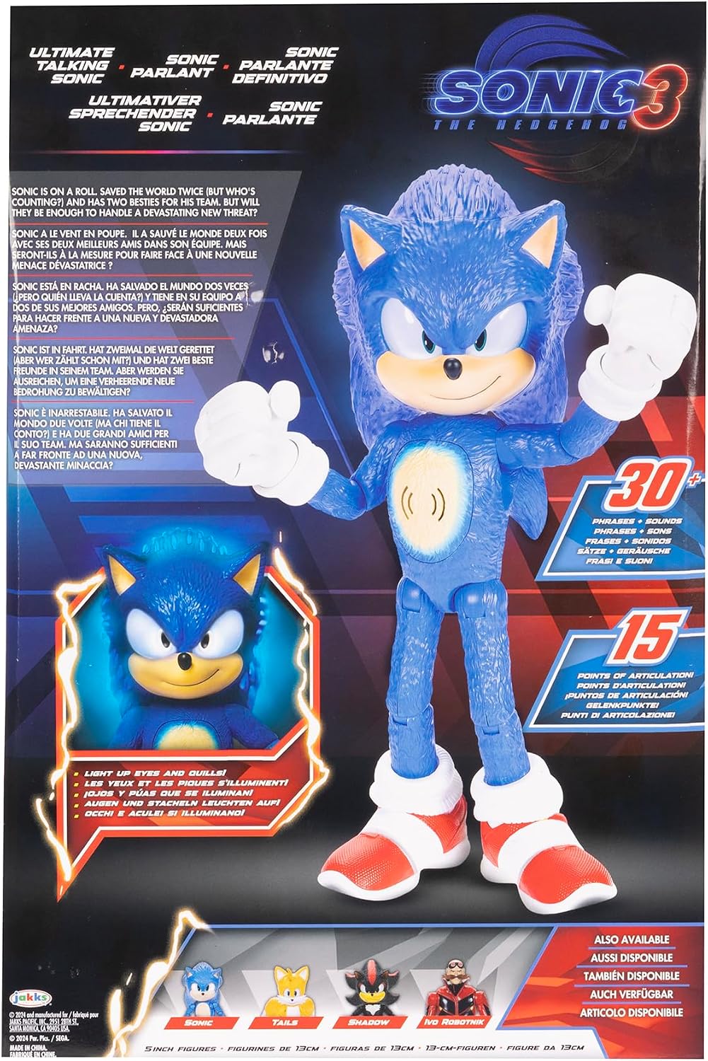 Sonic The Hedgehog 3 Ultimate Talking Sonic 12-Inch Figure 30+ Phrases Light-Up Eyes and Quills