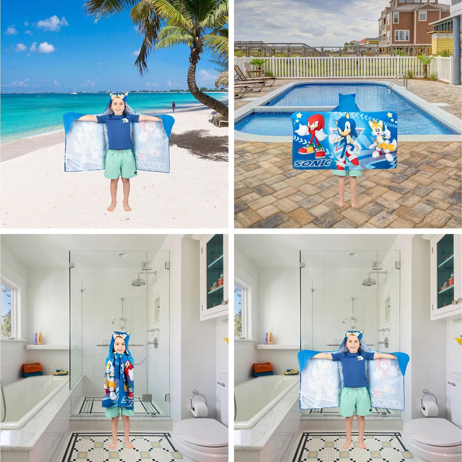 Franco Kids Sonic The Hedgehog Hooded Towel Wrap 127 x 61 cm Cotton Terry Bath Pool Beach Poncho