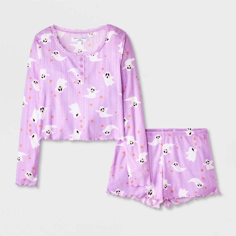 Grayson Threads Kids Girls' 2pc Halloween Ghost Long Sleeve Pointelle Pajama Set Purple