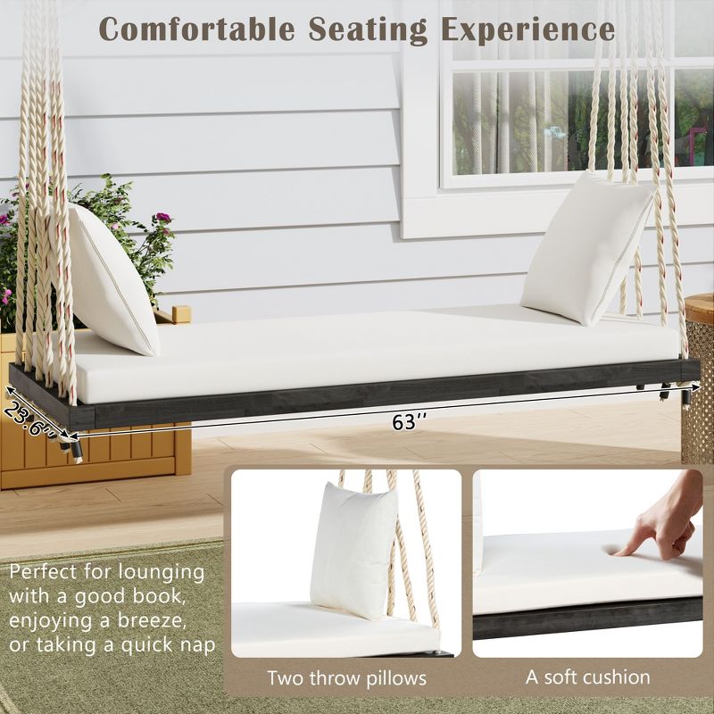 ModernLuxe Patio Wooden Swing Chair with Cushion & Pillows 10.8ft Hemp Ropes