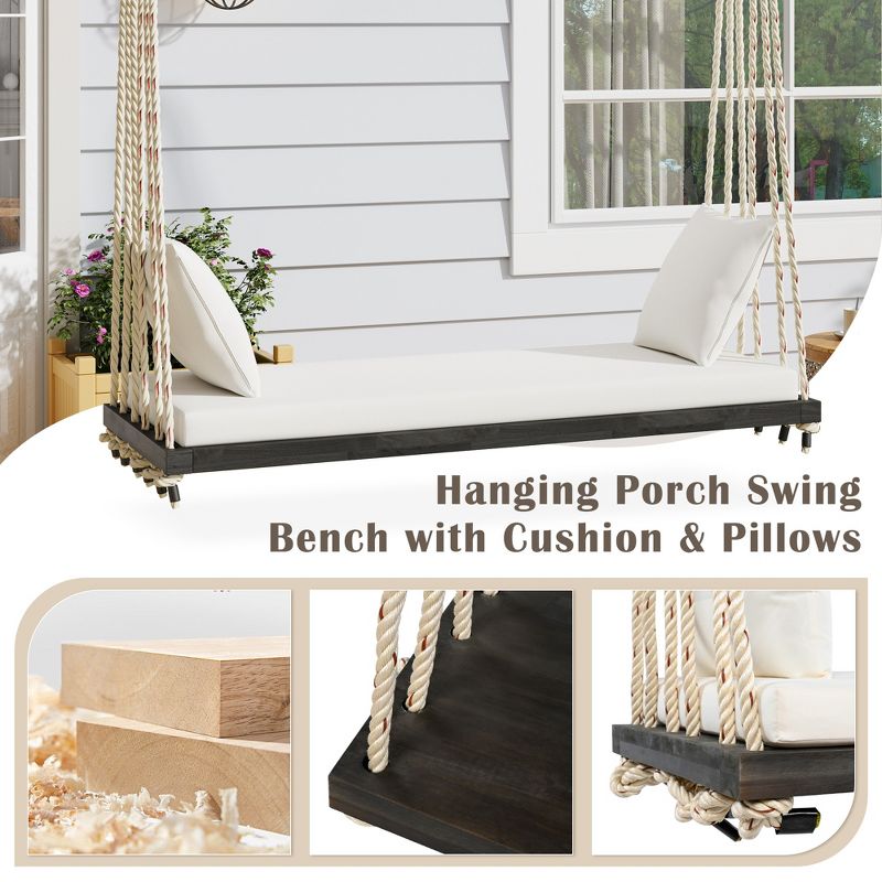 ModernLuxe Patio Wooden Swing Chair with Cushion & Pillows 10.8ft Hemp Ropes