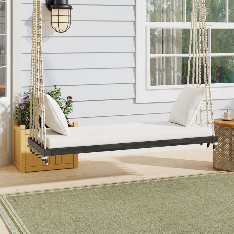 ModernLuxe Patio Wooden Swing Chair with Cushion & Pillows 10.8ft Hemp Ropes