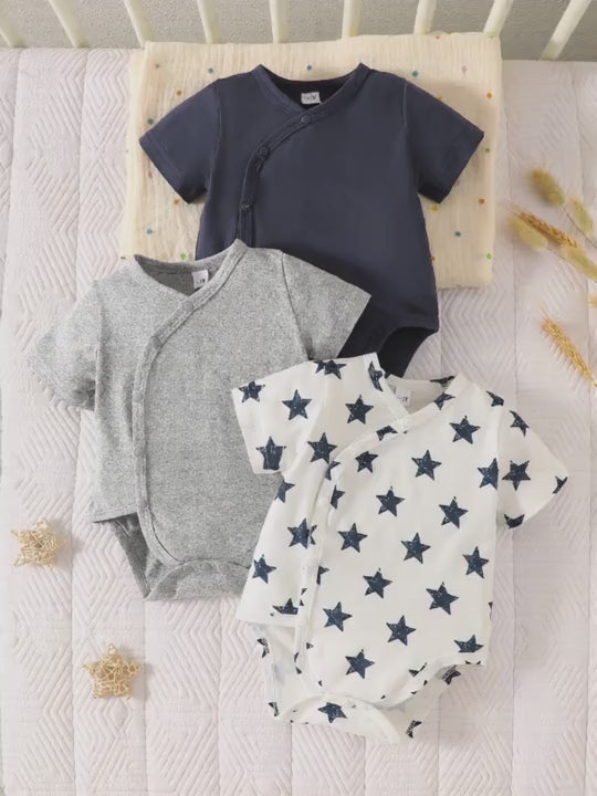 Baby Boy Short Sleeve Round Neck Bodysuit Set of 3 Soft Breathable Star & Bear Print